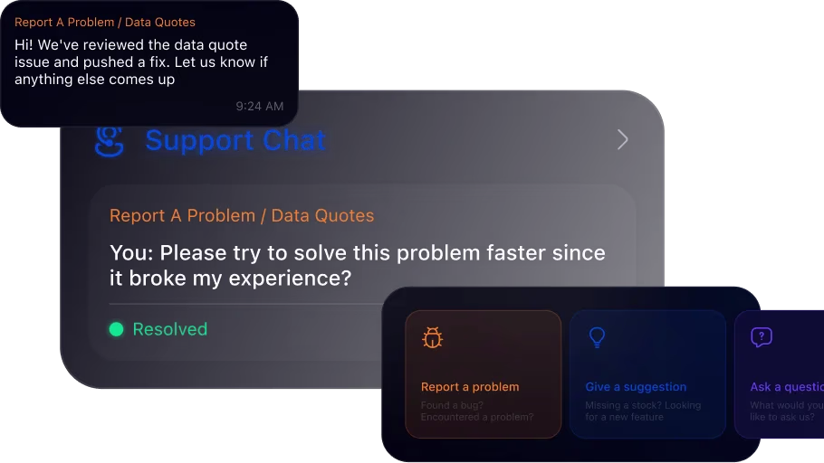 Support Chat preview — resolved ticket and quick-action categories