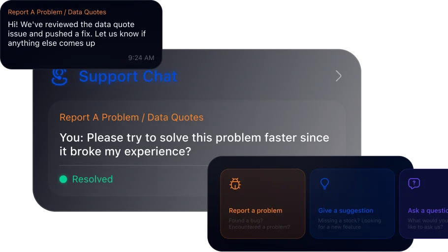 Support Chat preview — resolved ticket and quick-action categories