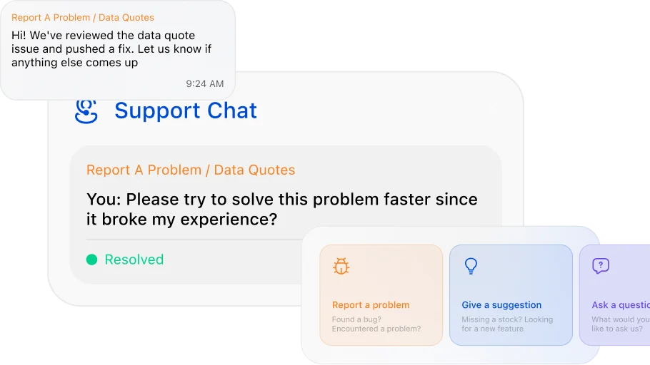 Support Chat preview — resolved ticket and quick-action categories